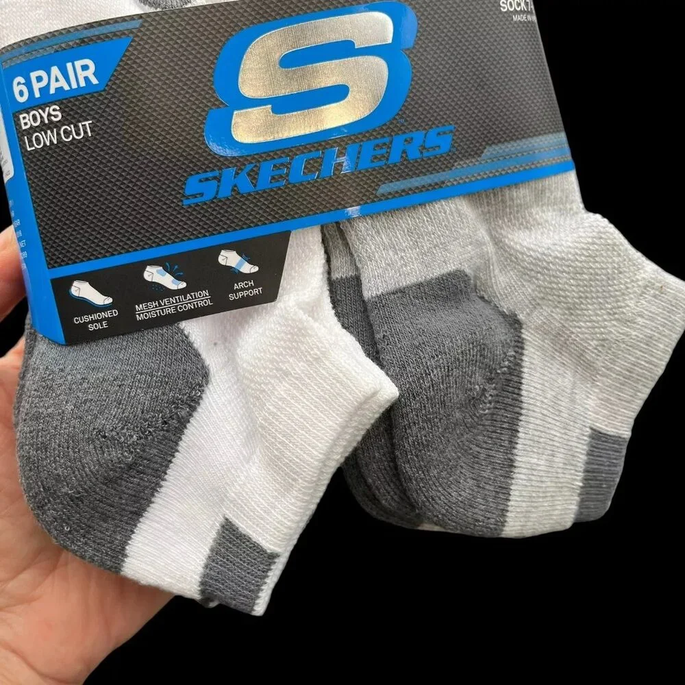 Skechers Litte-Youth Boy's Low Cut Socks Shoe Size 9-3.5 White Gray (12 Pairs)‎